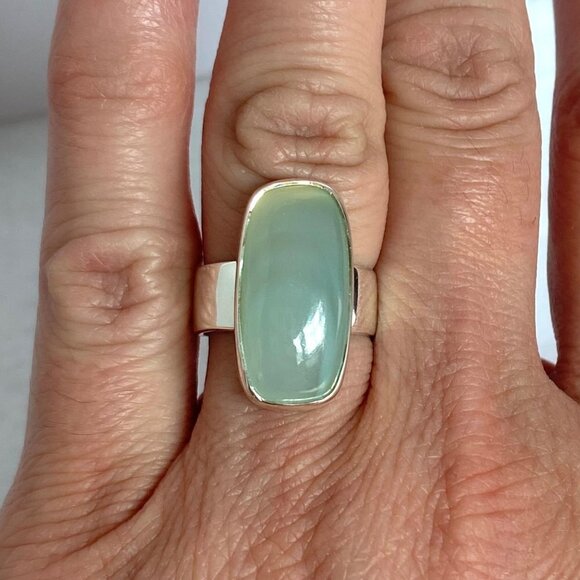 Sterling Silver 925 AHM Modernist Blue Green Chalcedony Wide Band Ring Sz 5.5 - Picture 1 of 16